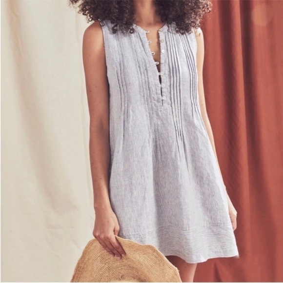 Faherty Isha Dress Linen Blue Mini Stripe Size S NEW - Picture 2 of 16